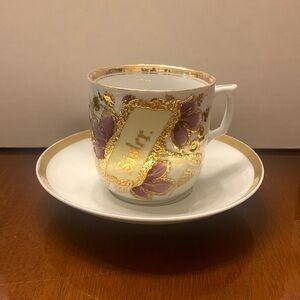 ‘Sister’ Purple and Gold Teacup and Saucer